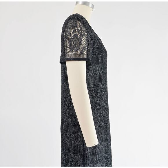 Vintage 90s Black Sheer Lace Metallic Silver Boho Whimsigoth Maxi Dress M L - Picture 4 of 9